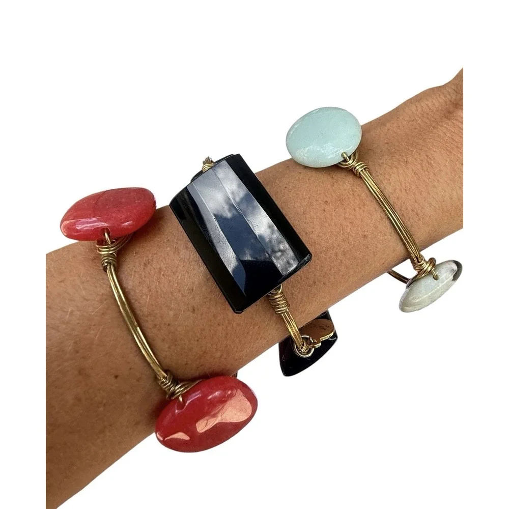 Lot of 3 Boutique Wire Wrapped Bangle Bracelets Black Red Aqua Stone Stack
